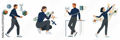 Flat Vector Illustrations of People Interacting with Technology, Data, Space, and Communication Symbols for Modern Business Concepts