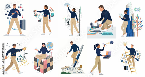 Professional men and women interacting with advanced technology, networking hardware, and telecommunications equipment, presented in a modern flat vector illustration style.