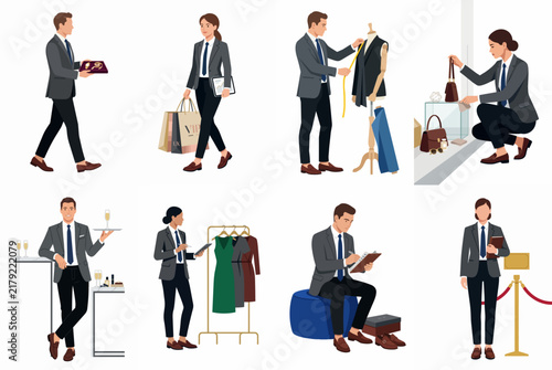 Flat illustration set of fashion retail professionals, store employees, and personal shoppers in elegant business attire performing various tasks.