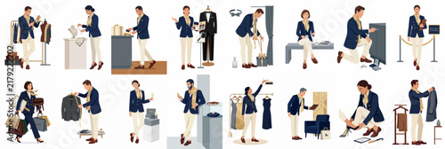 Set of illustrations depicting a fashionable man engaged in various shopping and lifestyle activities, such as browsing clothes, trying on shoes, and grooming.