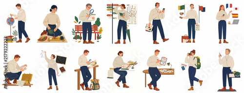Collection of flat vector illustrations featuring a young person engaged in travel-related activities such as map reading, photography, and planning vacations.