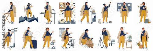 Collection of flat vector illustrations featuring a character engaged in various daily activities like working, traveling, shopping, and pursuing different creative hobbies.