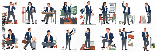 Set of flat vector illustrations of professionals engaged in human rights advocacy, legal services, social activism, and public speaking on white background.