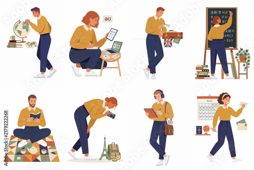 Vector illustration set featuring people engaged in diverse educational activities, studying, and preparing for travel, showcasing a lifestyle of learning and exploration.