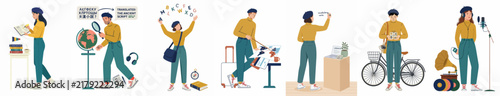 Flat vector illustration set of people engaged in various creative hobbies and activities like reading, traveling, music, art, and cycling.