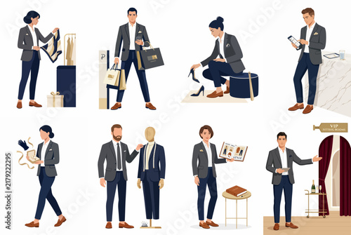 Set of professional fashion retail staff, stylists, and personal shoppers in elegant attire performing various tasks in a luxury boutique environment.