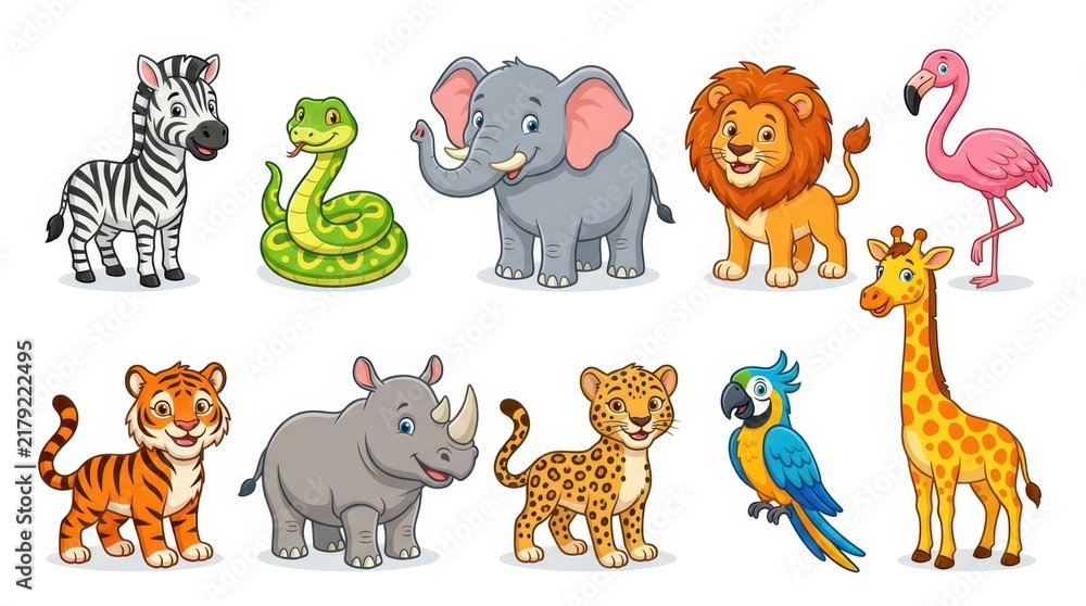 Fototapeta premium Cute Cartoon Wild Animal Collection Set with Lion Tiger Elephant Giraffe Zebra and More Isolated on White Background