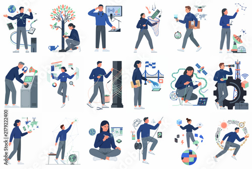Collection of diverse flat vector illustrations featuring people working with modern technology, innovation, data, environment, and scientific research.