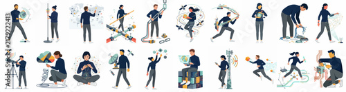Set of flat vector illustrations depicting various human activities in technology, science, communication, and modern lifestyle on a white background.