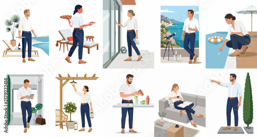 Set of ten flat vector illustrations featuring men and women in various activities at a luxury summer villa, resort, or Mediterranean holiday home.