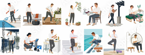 Diverse lifestyle collection of people performing various activities like gardening, pool maintenance, yoga, and relaxing in luxury home settings.