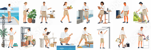 Collection of hotel and villa staff illustrations showing various hospitality services like room cleaning, gardening, poolside assistance, and guest reception in a resort setting.