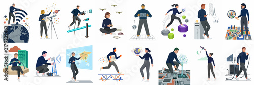 Collection of diverse people interacting with advanced technology, digital networks, global connectivity, and data management in a modern flat vector illustration style.