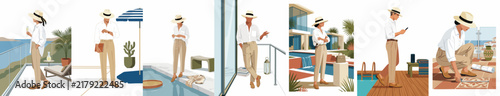 Set of illustrations of a sophisticated man in elegant summer attire enjoying a luxury Mediterranean lifestyle at various scenic resort locations.