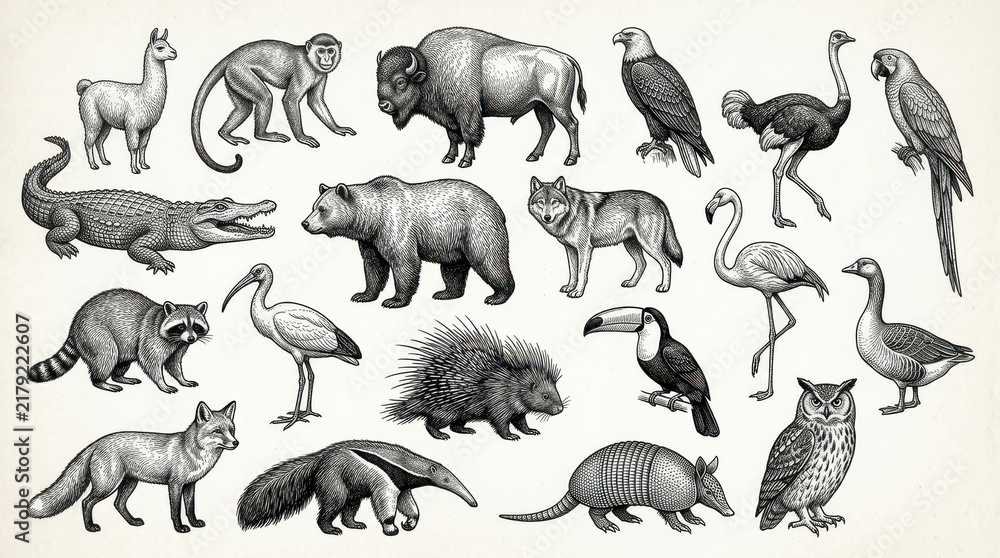 Fototapeta premium Vintage Hand-Drawn Animal Collection Featuring Bison, Bear, Wolf, and Various Birds in Engraved Style