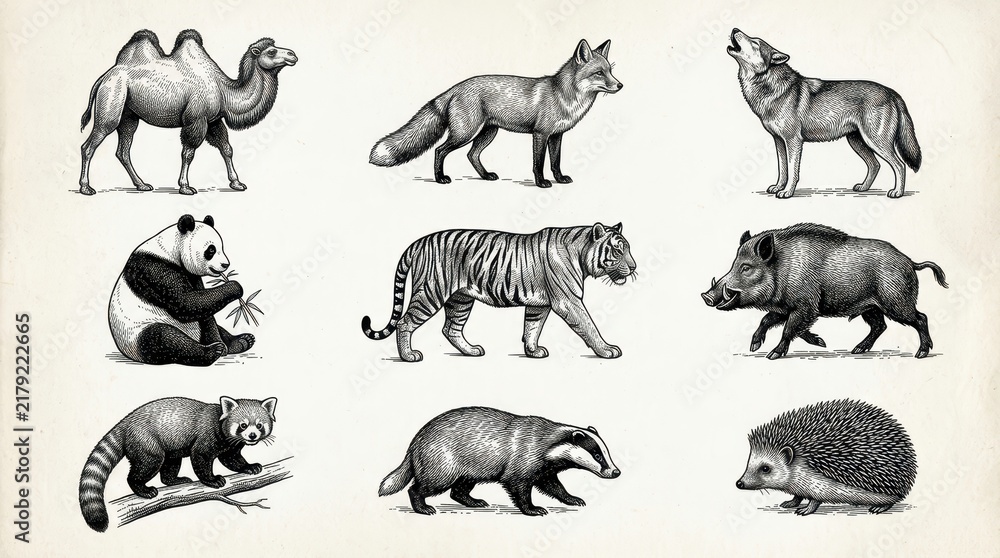 Obraz premium Vintage Hand-Drawn Animal Illustration Set: Camel, Tiger, Wolf, Panda, Fox, Boar, Red Panda, Badger, Hedgehog Engravings