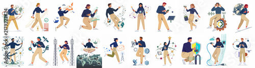 Comprehensive Collection of Flat Style People Illustrations Interacting with Technology, Green Energy, Digital Data, Security, and Global Connectivity