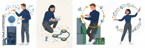 Set of flat vector illustrations featuring professionals working with advanced technology, data visualization, global networking, and digital infrastructure systems.