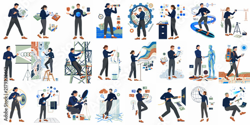 Comprehensive Set of Business and Technology Illustrations Featuring Professionals Working on Data Analysis, Digital Innovation, and Network Connectivity in a Modern Style