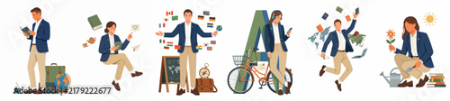 Flat illustration set featuring a person engaged in various activities including studying, traveling, language learning, cycling, and gardening in smart-casual attire.