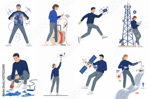 Set of flat vector illustrations depicting people working with telecommunications technology, satellites, networking, and data infrastructure.