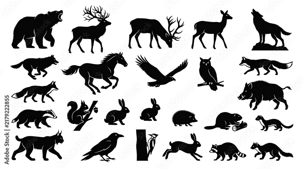Obraz premium Collection of Forest Animal Silhouettes - Bear, Deer, Wolf, Fox, Eagle, and More Wild Wildlife Vector Icons