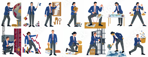 Set of conceptual business and finance illustrations featuring people interacting with globes, money, graphs, and tools in various professional metaphors.