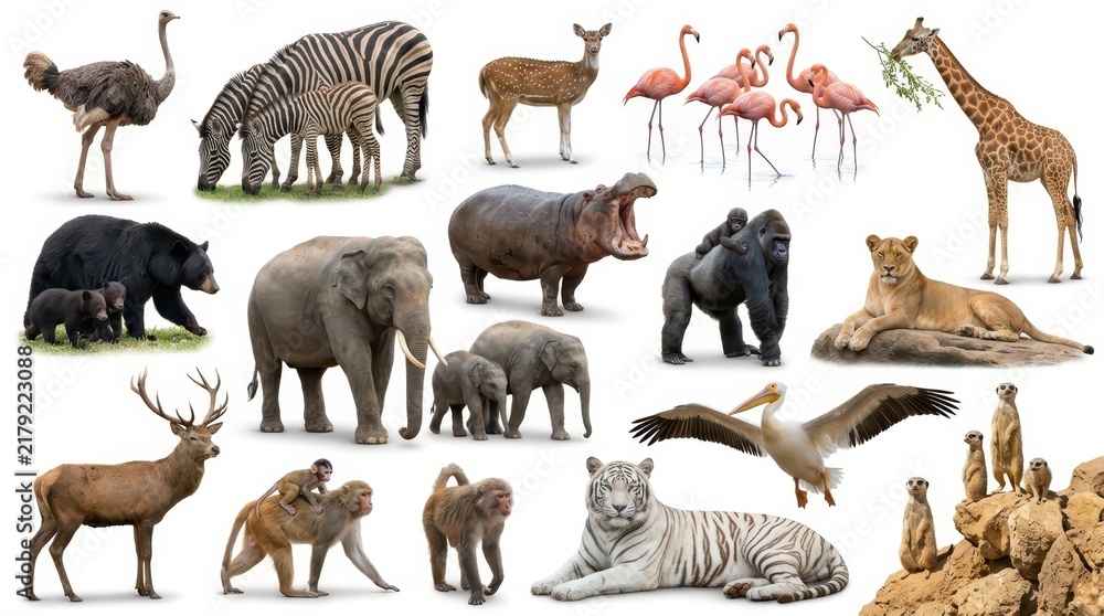 Obraz premium Diverse Collection of Wild Animals Including Elephant, Lion, Giraffe, and Zebra Isolated on White Background