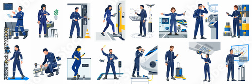 Flat vector illustration set of professional male and female workers in blue jumpsuits performing various high-tech industrial, logistics, and maintenance tasks.