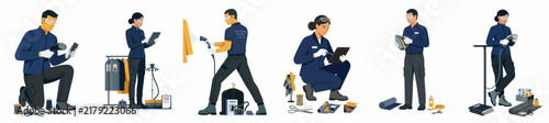 Flat vector illustration set of professional technicians and maintenance workers in blue uniforms performing various tasks isolated on a white background.