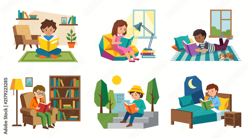 Fototapeta premium Child Reading a Book Geometric Illustration
