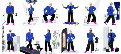 Collection of fashion-themed vector illustrations featuring a stylish non-binary character in various industry settings like runways, studios, and red carpets.