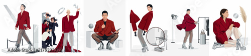 Collage of a Stylish Man in a Red Blazer and Silver Boots Posing in Various Professional and High-Fashion Studio Settings