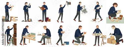 Collection of illustrations featuring various people engaged in archival tasks, including sorting documents, organizing files, and researching historical records in a library or archive.