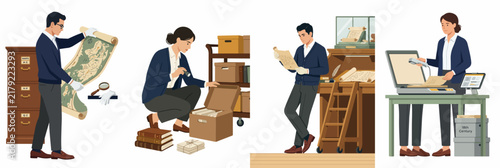 Professional archivists preserving, researching, and digitizing historical documents and maps in a set of four detailed vector illustrations.
