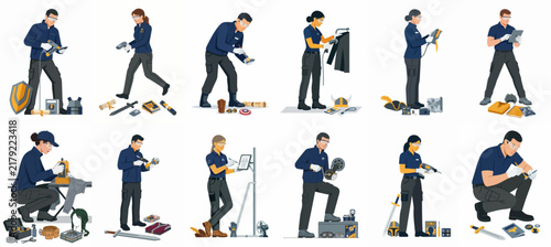 Collection of museum conservators and archaeologists examining and documenting historical artifacts, ancient weapons, and treasures isolated on a white background.