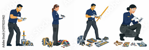 Flat illustration of professionals in uniforms inspecting historical artifacts like swords, helmets, and ancient scrolls, representing customs control or museum curation services.