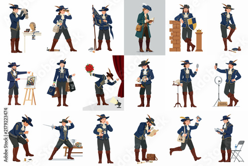 Illustrations of a man in 18th-century period costume engaged in a variety of modern-day activities, from shopping and blogging to working and sports.