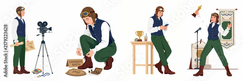 Set of four illustrations showing an adventurer filmmaker filming, treasure hunting, using a smartphone, and winning a gold trophy award.