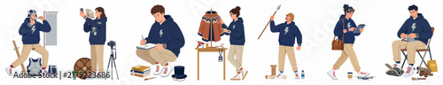 Set of flat illustrations featuring people in blue hoodies involved in different activities such as photography, sketching, costume making, and outdoor exploration.
