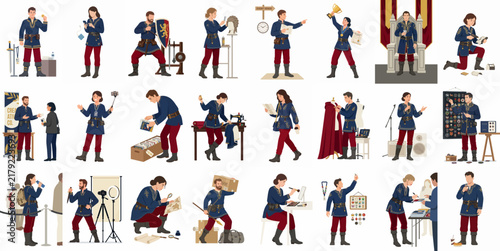 Character collection of people in blue and red fantasy uniforms performing diverse activities, jobs, and hobbies, isolated on white background.