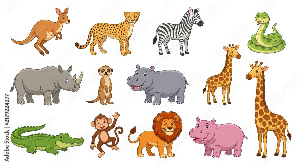 Fototapeta premium Large Set of Vector Cartoon Wild Animals for Kids Education with Lion, Giraffe, Zebra, Hippo, and Crocodile