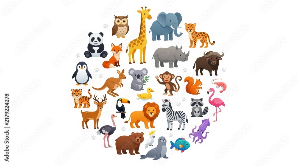 Fototapeta premium Cute Cartoon Animals Collection Set with Wildlife Zoo and Safari Creatures in Flat Vector Illustration Style