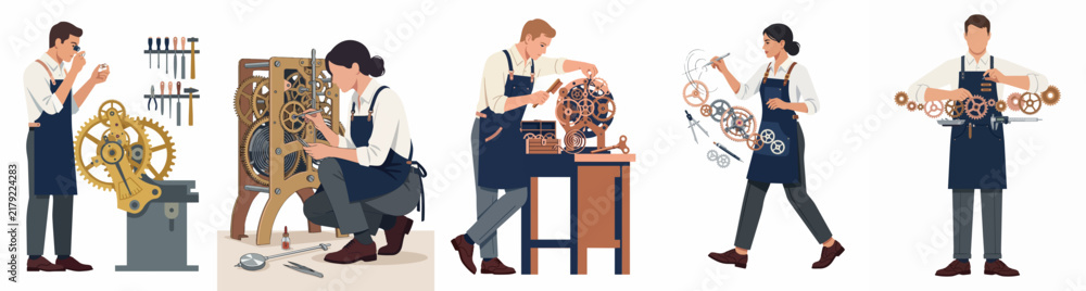 Fototapeta premium Collection of professional watchmakers and clockmakers working on intricate gear mechanisms and vintage timepieces in their studio, flat vector illustration.
