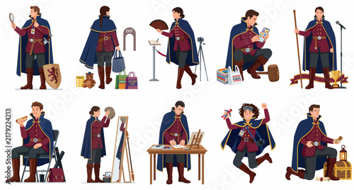 Illustrations of a medieval knight in various modern-day scenarios including shopping, taking selfies, and using technology, isolated on white background.