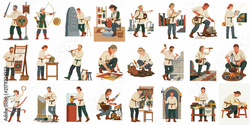 Large collection of medieval people character illustrations performing various daily tasks and professions, including blacksmithing, archery, and pottery on a white background.