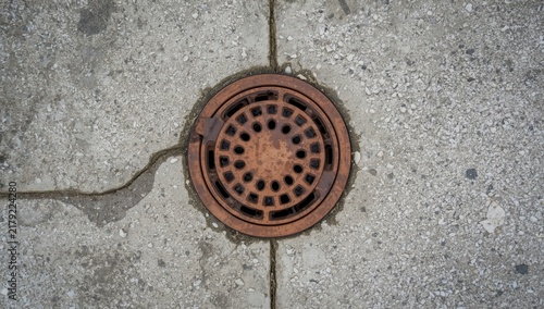 Old Metal Sewer Manhole Cover on Urban Street with Drainage Hole, Steel, Concrete Sidewalk and City Architecture