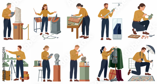 Flat vector illustration set of museum staff, archaeologists, and restorers working with various historical artifacts, exhibits, and ancient relics in a professional environment.