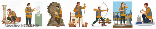 Collection of Illustrative Icons Depicting Archaeologists, Researchers, and Historical Activities such as Excavation, Documentation, and Restoration of Ancient Artifacts
