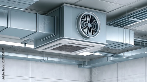 Industrial HVAC ventilation system with metal air ducts mounted on a modern factory ceiling. Ideal for construction or engineering design projects.